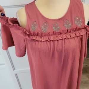 LC Lauren Conrad Summer Ruffle Cold Shoulder Dress Blush Pink/ Rust Color Large